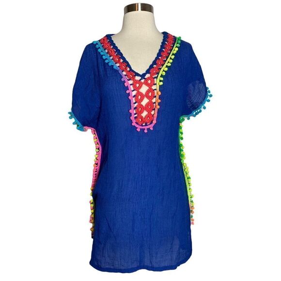 Boho Kaftan Swim Cover Up Size Medium Blue Multi - Picture 1 of 7